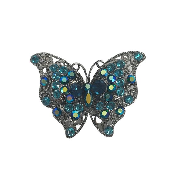 Vintage Fashion Butterfly Brooch Crystal Rhinestones Blue Aqua Teal Silver Tone - Picture 16 of 17